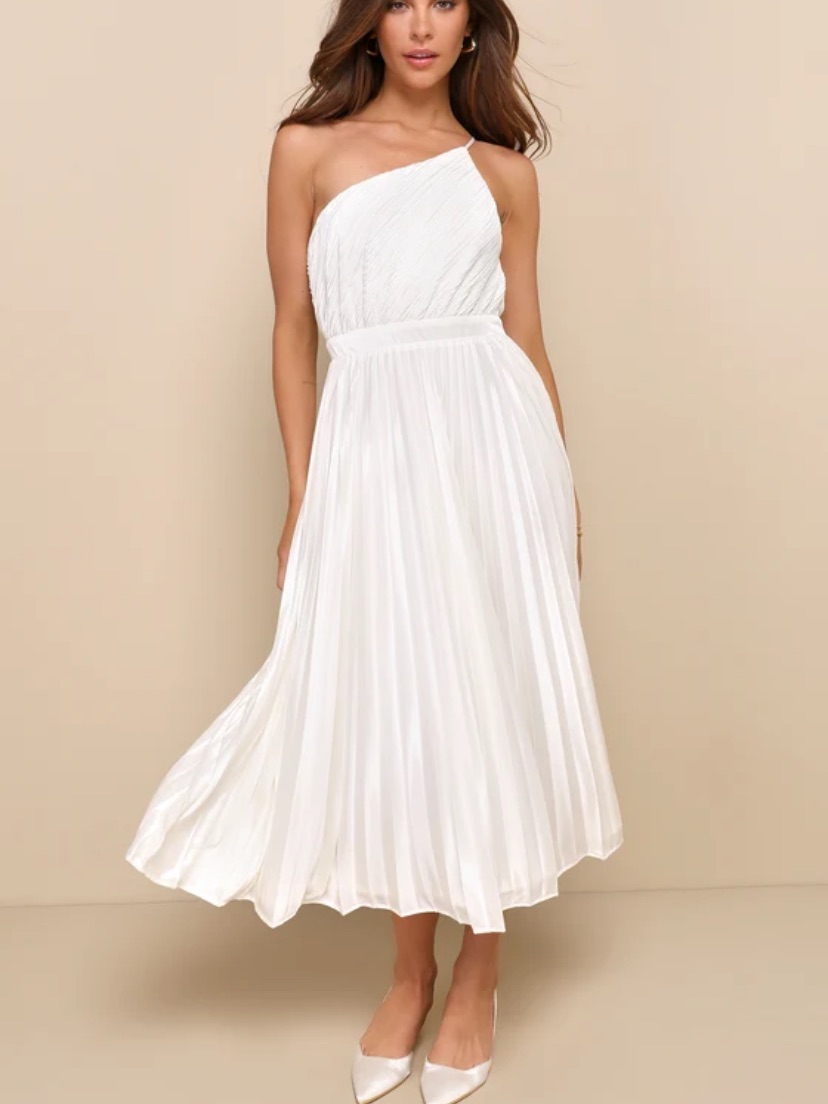Lulu's One-Shoulder Ivory Pleated Satin Midi Dress